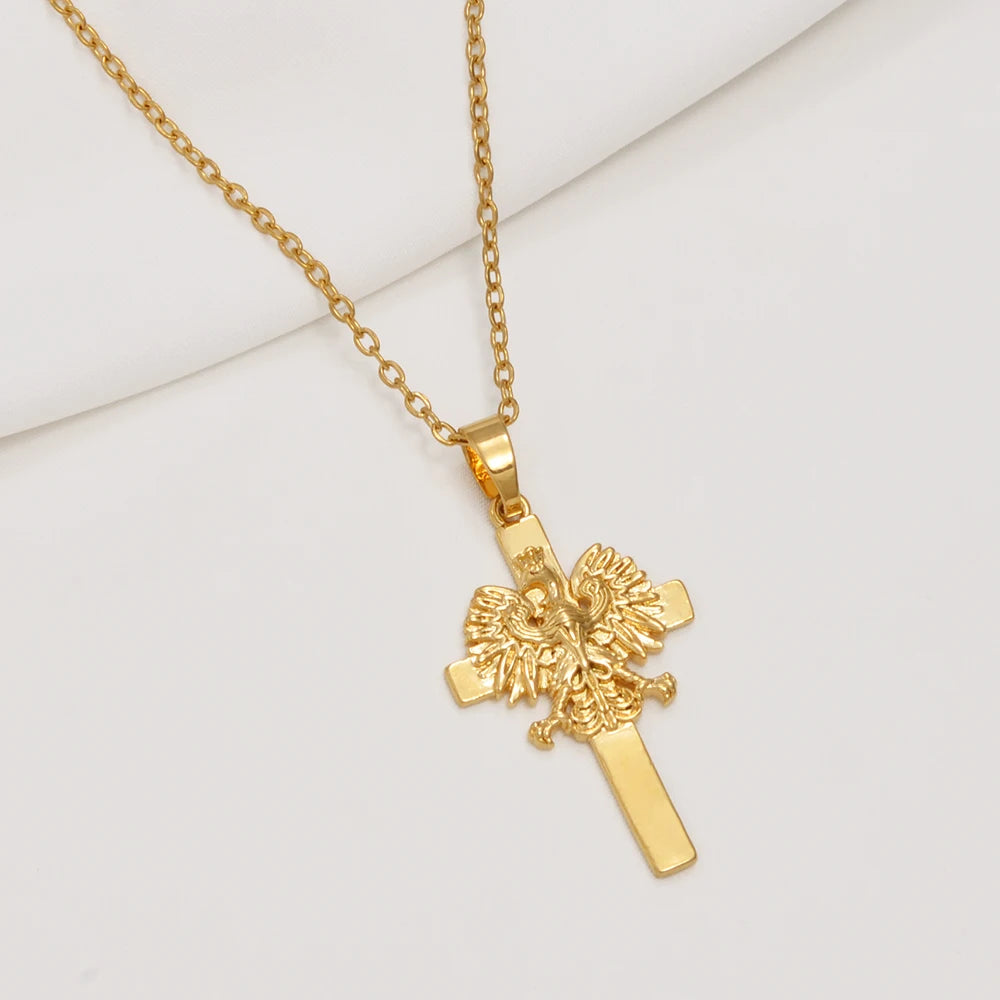 Anniyo Poland Eagle and Cross Pendant Necklaces for Women ,Polska Poles Jewelry #381116