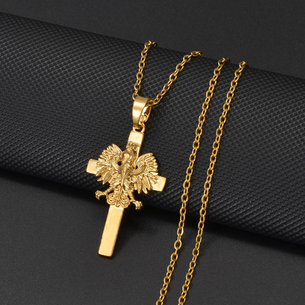 Anniyo Poland Eagle and Cross Pendant Necklaces for Women ,Polska Poles Jewelry #381116