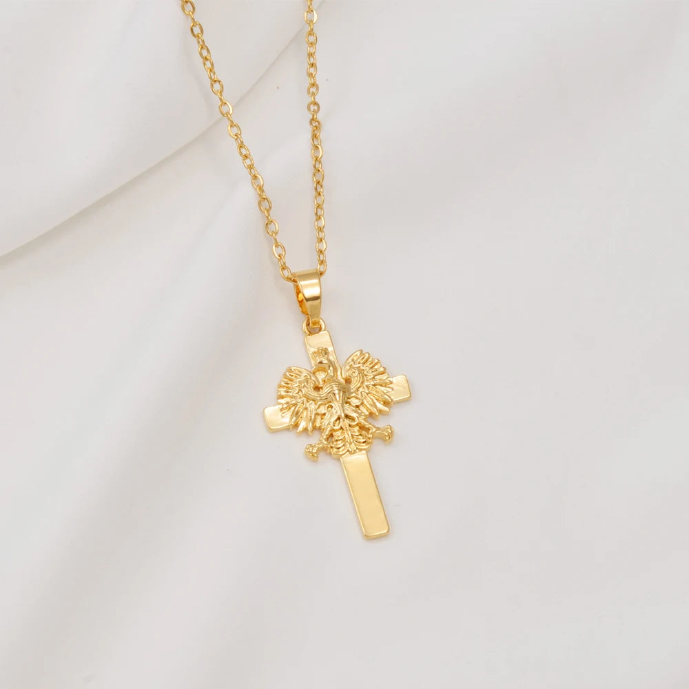 Anniyo Poland Eagle and Cross Pendant Necklaces for Women ,Polska Poles Jewelry #381116